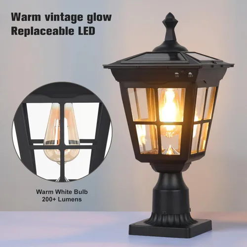Vista 2 de Lámpara solar para poste de luz, aluminio fundido, impermeable, luces LED de pilar con vidrio para exteriores, del atardecer al amanecer, luz solar