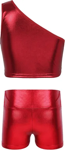 Vista 2 de Hansber Conjunto de 2 piezas de gimnasia para niñas y niñas, con un hombro descubierto, camiseta corta brillante y pantalones cortos atléticos