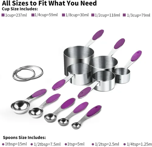 Vista 2 de U-Taste Juego de tazas y cucharas medidoras de acero inoxidable 18/8 y juego de pinzas de cocina de alta resistencia al calor de 600ºF (morado)