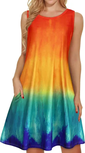 Vista 45 de elescat Vestidos de verano para mujer 2025, vestido casual de playa sin mangas con estampado floral, tipo camiseta, suelto y con bolsillos