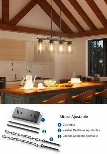 Vista 7 de Amico Lámpara de Comedor de 4 Luces para Isla de Cocina con Varillas Ajustables, Candelabro de Decoración Rústica de Metal Negro y Madera