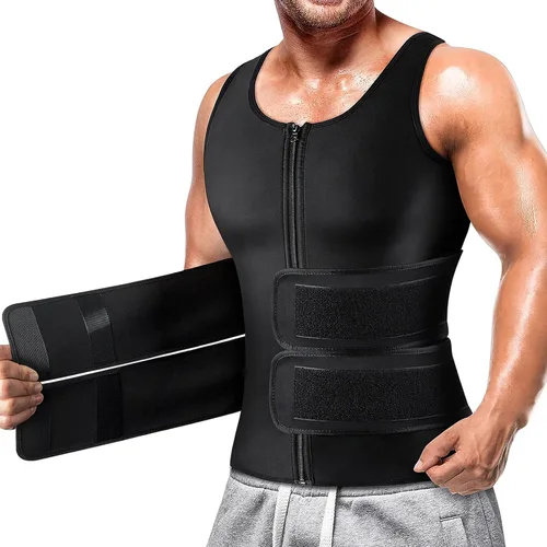 Vista 6 de Cimkiz Camisa de traje de sauna para hombre para entrenamiento de cintura, chaleco de compresión para gimnasio y ejercicio, camiseta