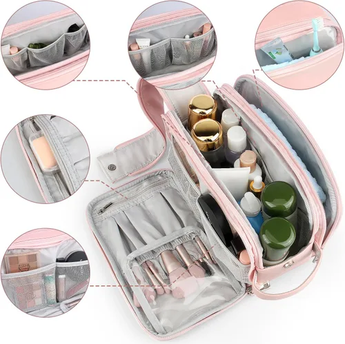 Vista 3 de Neceser para mujer, organizador de bolsa de viaje de maquillaje, bolsa de cosméticos de baño grande, kit de Dopp de viaje, bolsa de ducha, Rosa, L