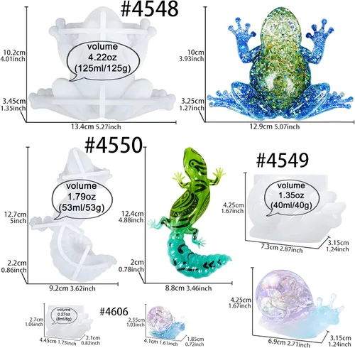 Vista 2 de Moldes de resina epoxi de silicona, 4 unidades variadas de caracol de lagarto de rana 3D
