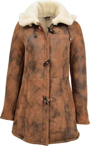 Vista 3 de Abrigo de piel de oveja auténtica para mujer 34 largo con capucha Cognac Shearling chaqueta armas