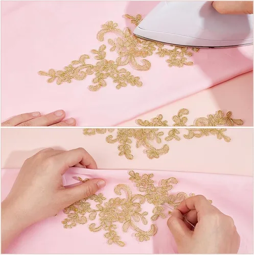 Vista 3 de 4 parches bordados para vestido de novia con flores de encaje de 9 x 4 pulgadas, parches de flores de hojas doradas, apliques florales, vestido