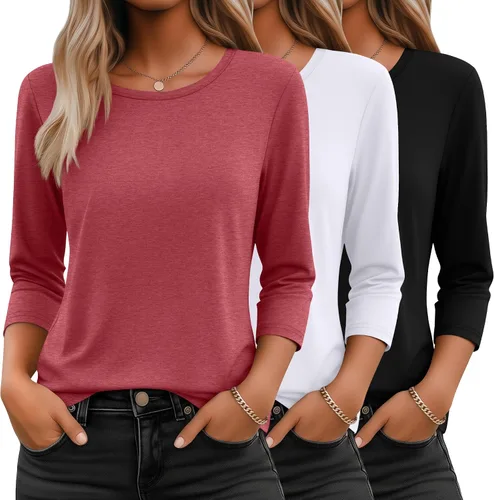 Vista 35 de Ficerd Paquete de 3 camisetas de manga 3/4 para mujer, cuello redondo, camisetas básicas elegantes, casuales, modernas, holgadas