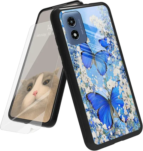Vista 69 de Funda para Motorola Moto G Play 4G 2024 con protector de pantalla, parte trasera de vidrio templado + funda de silicona suave TPU absorción