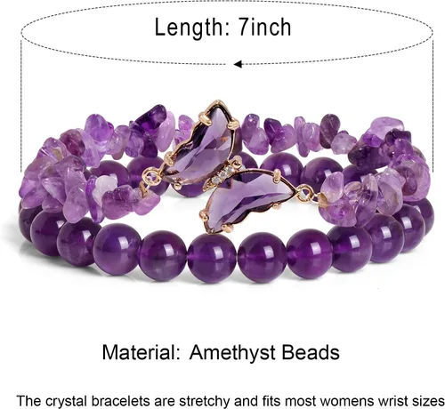 Vista 6 de GolbalJew Pulsera de Amatista para Mujeres Ansiedad Pulseras de Cuentas de Amatista Dijes de Mariposa Piedra Curativa Pulsera en Capas Regalos