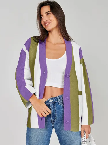 Vista 2 de ANRABESS Cárdigan de punto trenzado para mujer, manga larga, frente abierto, bloque de color, estilo bohemio, a rayas, abrigos para exteriores