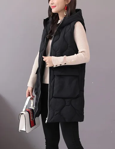 Vista 2 de HangNiFang Chaleco largo de invierno para mujer, con cremallera, acolchado, chaleco