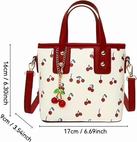 Vista 4 de Bolso tote de piel de cerezo Lindo bolso de hombro Y2K para mujer, bolso de diseñador rojo con asa superior, bolso de mano con estampado de frutas