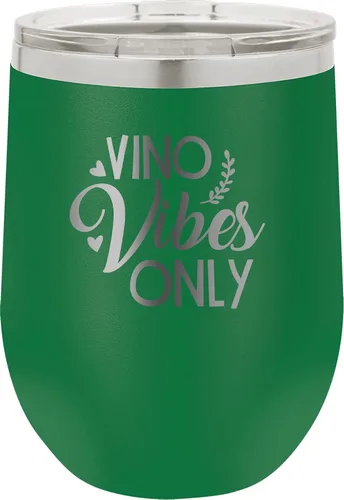 Vista 10 de CustomGiftsNow Vino Vibes Only - Stainless Steel Double-Wall Insulated 12-Ounce Truck Car Travel Coffee Cup Wine Tumbler Mug with Lid Light Blue