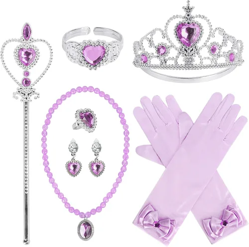 Vista 12 de Cocojeci Accesorios de fiesta de disfraces de princesa para disfraz de princesa, guantes de disfraz de tiara, collar, aretes, pulsera y anillo Azul