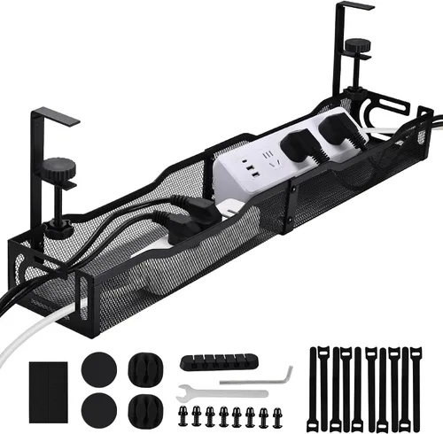 Vista 8 de Bandeja de Gestión de Cables para Debajo del Escritorio Pequeña – Organizador de Cables con Soporte de Abrazadera y Gestión de Cables para Debajo