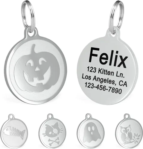 Vista 10 de Ultra Joys Etiquetas de nombre de gato grabadas personalizadas – Etiqueta de identificación de mascotas de acero inoxidable – Etiquetas