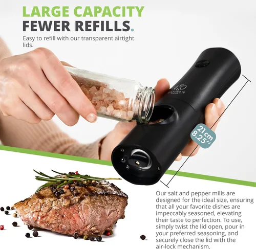 Vista 6 de Oliver's Kitchen ® Molinillos eléctricos de sal y pimienta, no requiere baterías con base USB-C recargable, fácil operación con 1 toque, grosor
