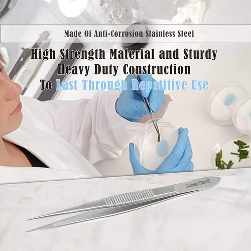 Vista 6 de Pinzas quirúrgicas de micro precisión con puntas dentadas, pinzas de laboratorio de acero inoxidable, puntas rectas de punta fuerte, 4.5 pulgadas