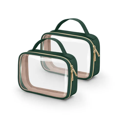 Vista 13 de Bolsa de aseo transparente Wedama, paquete de 2 bolsas de maquillaje transparentes con asas, bolsas cosméticas de PVC para mujeres y hombres, bolsas