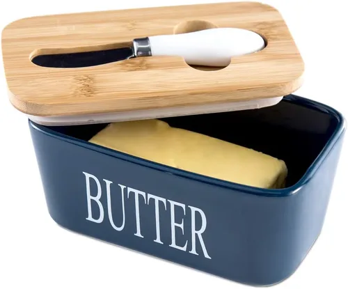 Vista 18 de Hasense Mantequillera de porcelana con tapa de bambú – Mantequera cubierta con cuchillo de mantequilla para encimera, recipiente hermético