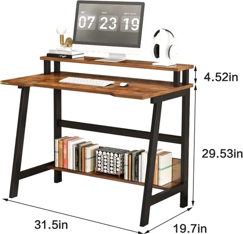 Vista 3 de Escritorio pequeño moderno de 31.5 pulgadas, escritorio compacto para computadora para oficina en casa y estudio, ahorro de espacio con estantes