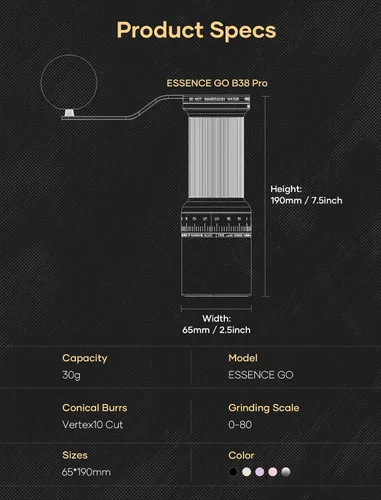 Vista 9 de Cocinare ESSENCE GO B38 - Molinillo de café ultra manual, con estuche de transporte, capacidad de 1.06 onzas, rebabas GhostEdge Ultra Burr y 80