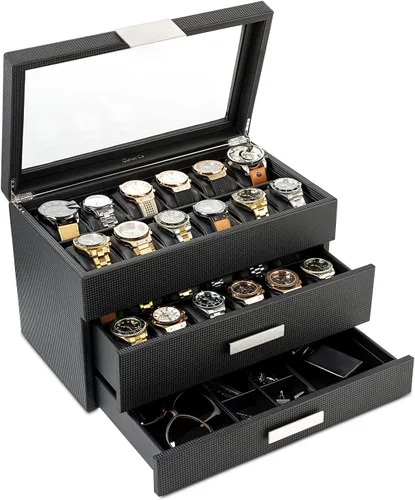 Vista 10 de Caja de reloj con cajón de Valet para hombre - organizador de exhibición de la caja de reloj de lujo de 6 ranuras, diseño de fibra de carbón