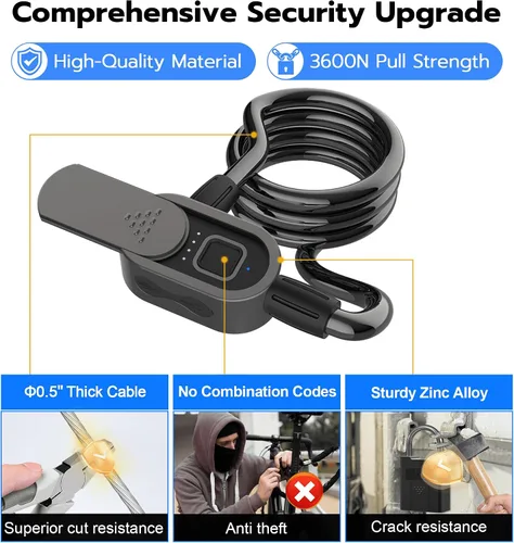 Vista 4 de Anweller Cerradura de bicicleta de huellas dactilares con llave, resistente, antirrobo, resistente a la intemperie, aplicación Bluetooth, bloqueo
