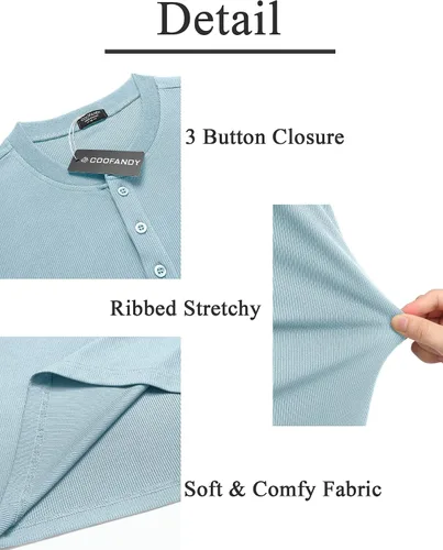 Vista 90 de COOFANDY Camisas Henley de manga larga para hombre, camisetas elásticas acanaladas, camisetas básicas casuales de moda