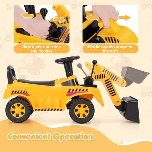 Vista 3 de HONEY JOY Ride On Excavadora, Coche de empuje para manejar para niños pequeños, Bulldozer de excavación al aire libre con pala funcional