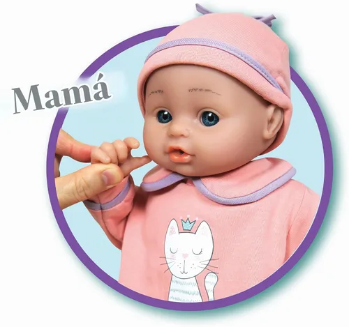 Vista 8 de Lissi: Muñeca Bebé Interactiva Jamie - 15" Gatito Rosa - Que Habla, 5 Sonidos de Bebé, Biberón, Babero, Chupete, Presiona Mano, Pies y Barriguita