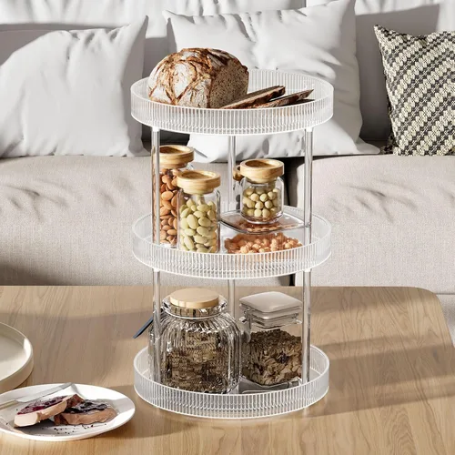 Vista 7 de Bandeja de almacenamiento giratoria transparente de 360°, organizador de encimera de baño Lazy Susan de 2 niveles, organizador de cosméticos