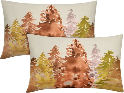 Vista 13 de Juego de 2 fundas de almohada de árbol de acuarela de invierno de 16 x 16 pulgadas, color azul y verde, estilo rústico, estampado de bosque natural