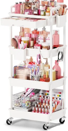 Vista 8 de Goovilla Carrito Organizador de Maquillaje Rodante con Cajón Extraíble, Carrito de Almacenamiento de Cuidado de la Piel de 3 Niveles Estable Negro