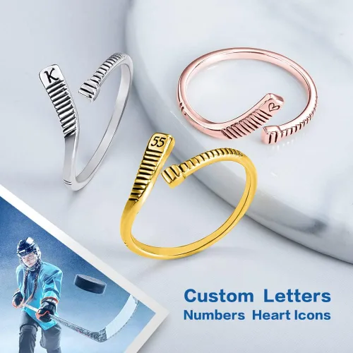 Vista 2 de Anillo de hockey personalizado para mujer, plata de ley 925latón, delicado nombre grabado, númeroinicial, anillos de hockey sobre hielo