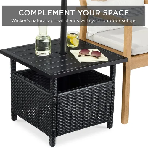 Vista 6 de Best Choice Products Mesa auxiliar de mimbre con agujero para paraguas, mesa auxiliar cuadrada de ratán de polietileno para patio, jardín, piscina