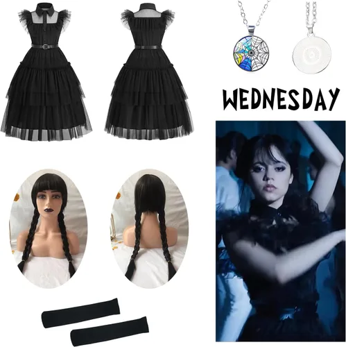 Vista 5 de Digi Halloween Wednesday Addams Costume Girls Dress,Halloween Birthday Cosplay Costumes for Kids 4-12 Years