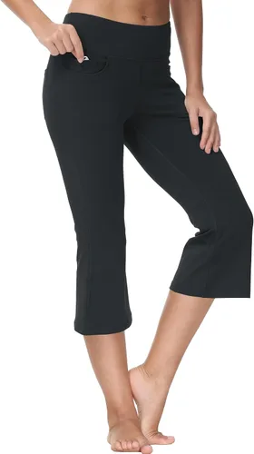 Vista 4 de Cakulo Pantalones capri de yoga para mujer, pantalones acampanados para entrenamiento, atléticos, de verano, corte de bota, pantalones capri