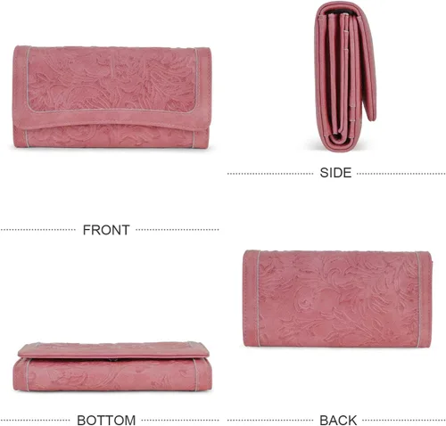 Vista 45 de MEITRUE Cartera de cuero para mujer, con bloqueo RFID, triple pliegue, con relieve, soporte para tarjetas, organizador de chequera para teléfono