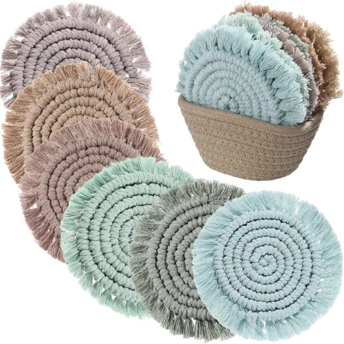 Vista 8 de Juego de 6 posavasos de algodón tejido bohemio absorbente con soporte para casa de campo, borla de macramé, regalo de inauguración de la casa