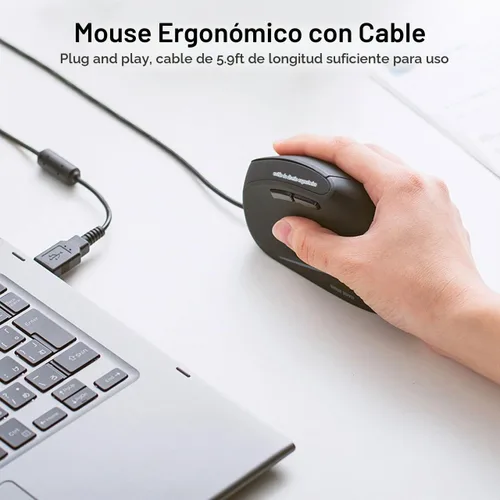 Vista 9 de SANWA Ratón ergonómico con cable, mouse vertical USB para computadora, ángulo natural de 55°, alivio de tensión de muñeca, 1000/1600 DPI, 5 botones