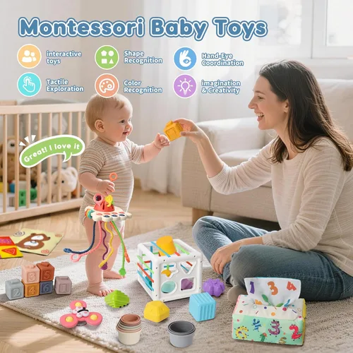 Vista 9 de Juguetes Montessori 6 en 1 para bebés de 6 a 12 meses en adelante, incluye juguete de cuerda de tirar, tazas apilables, caja de pañuelos, girador