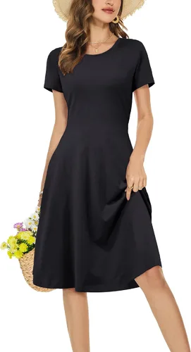 Vista 4 de HUHOT - Vestido veraniego para mujer casual de manga corta cuello redondo floral