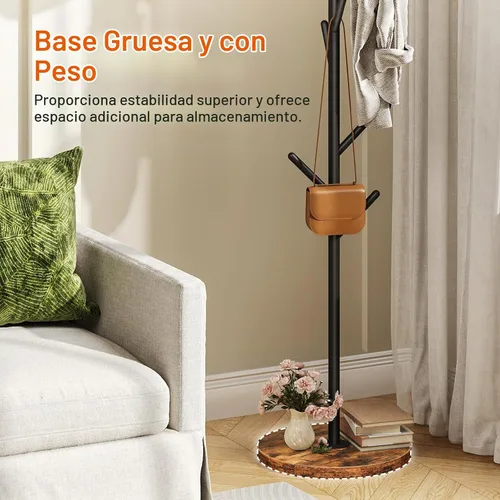 Vista 8 de HOOBRO Perchero con 9 ganchos, perchero de metal independiente con base de madera, árbol de pasillo resistente para entrada, soporte de perchero que