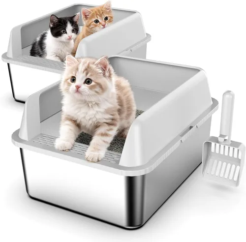 Vista 10 de Suzzipaws Paquete de 2 cajas de arena de acero inoxidable de 17.3 x 13.4 x 9 pulgadas, caja de arena para gatitos y mascotas pequeñas, caja de arena