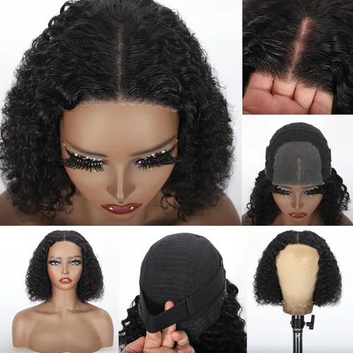 Vista 5 de Peluca Bob rizada de pelo humano 4x4 de encaje HD frontal; pelucas de pelo humano para usar y quitar, sin pegamento; pelucas de pelo humano Peluca