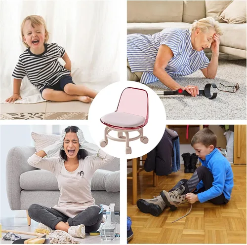 Vista 6 de Silla de polea de acrílico, taburete bajo con polea de respaldo, taburete ergonómico bajo para limpieza del hogar, taburetes de oficina, lavandería