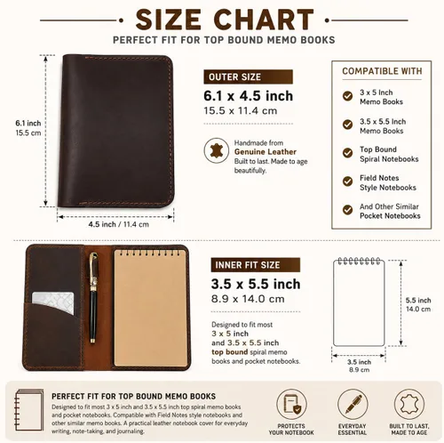 Vista 8 de Funda de cuero para cuaderno encuadernado en la parte superior, compatible con notas de campo de 3.5 x 5.5 pulgadas, funda de bolsillo recargable