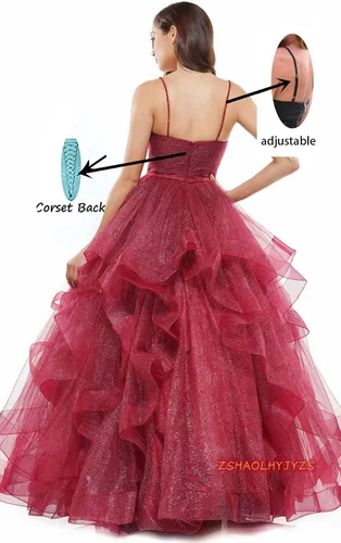Vista 2 de ZSHAOLHYJYZS Vestidos de graduación de tul con purpurina 2024 con tirantes delgados, vestido de baile para mujer, vestidos largos de regreso a casa