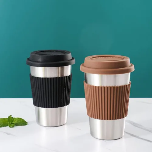Vista 7 de Hoshen Vaso de 17 onzas (con tapa de silicona), taza de café de acero inoxidable, posavasos antiquemaduras, taza para bebidas, color negro